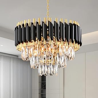 AHXIAOZN Modern Crystal Black Chandelier, 3-Tier Crystal Chandelier Light Fixture, Round Pendant Light, Raindrop Flush Mount Ceiling Light for Bedroom Living Room, E14x5 Bulb  40cm [Energy Class F]