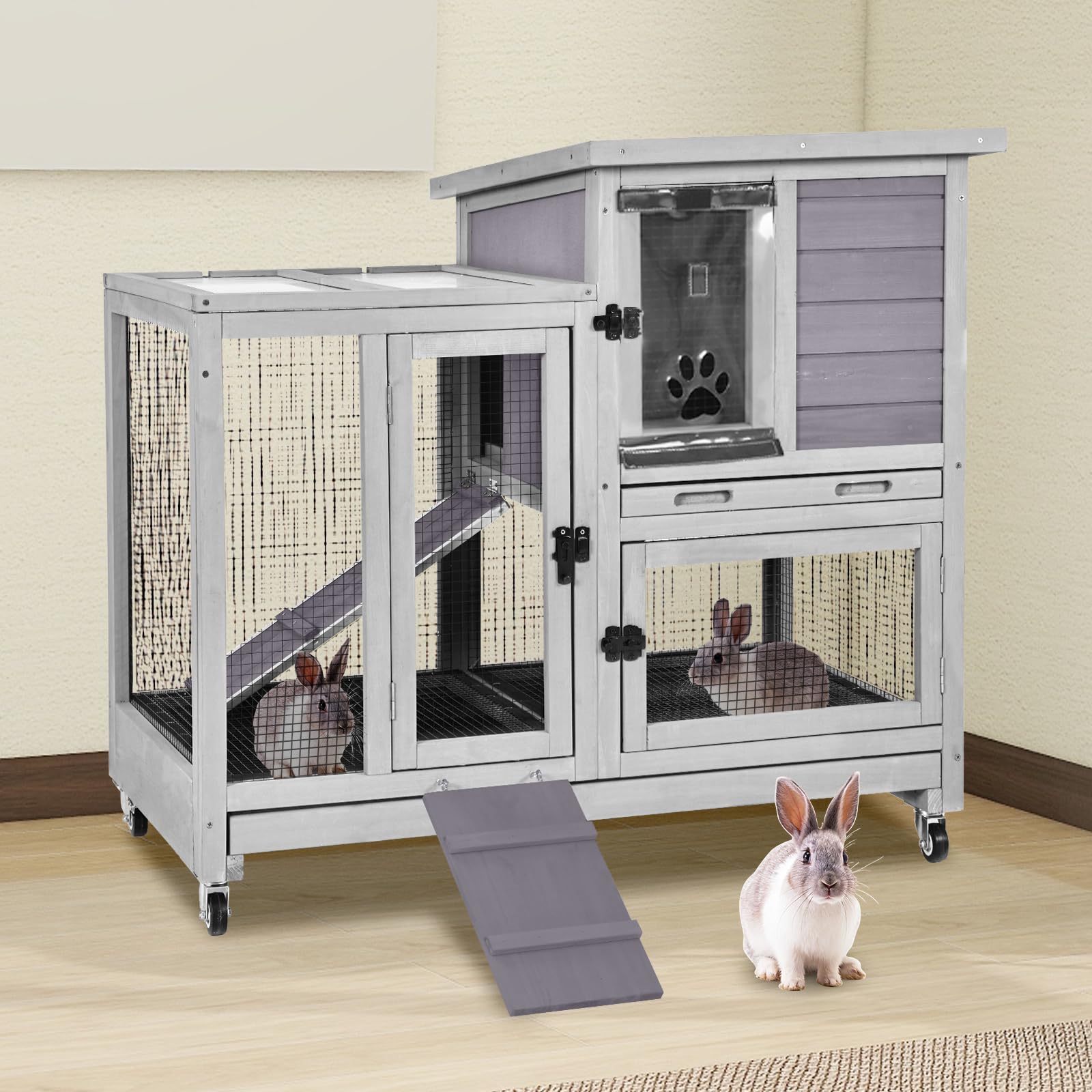MEDEHOO 2-Story Rabbit Hutch Indoor Bunny Cage Outdoor Guinea Pig House with Wire Mesh Floor, Leak-Proof Trays, Lockable Wheels for Rabbits, Guinea