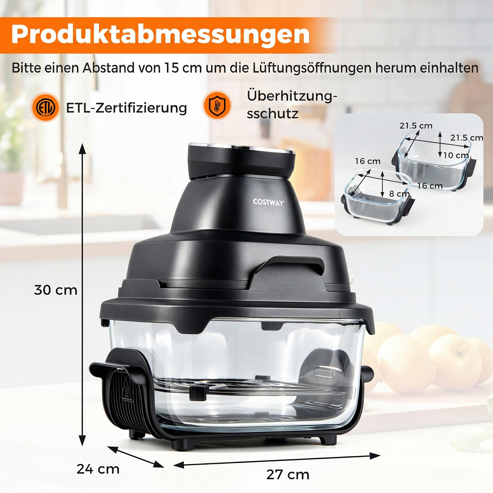 COSTWAY Przenośna frytkownica Air Fryer 4 l / 1,7 l, Airfryer 6 w 1, 1500 W, smażenie na gorącym powietrzu i pieczenie, frytkownica na gorące powietrze z 2 wyjmowanymi szklanymi pojemnikami i