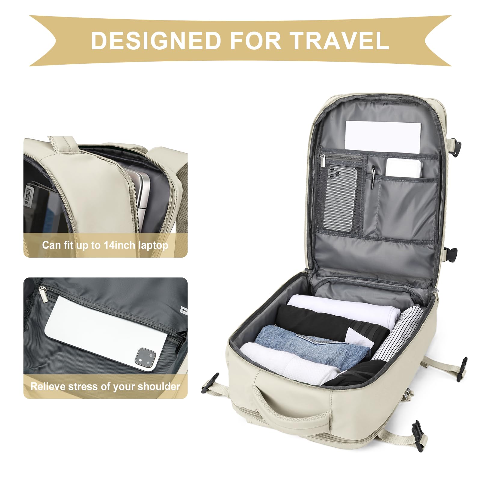 Cabin Bags for Travel, Underseat Carry on Hand Luggage Backpack for Women Airplane Approved Travel Backpack Personal Item Travel Bag 14 inch Laptop Backpack for Business Casual Work Beige — view 4
