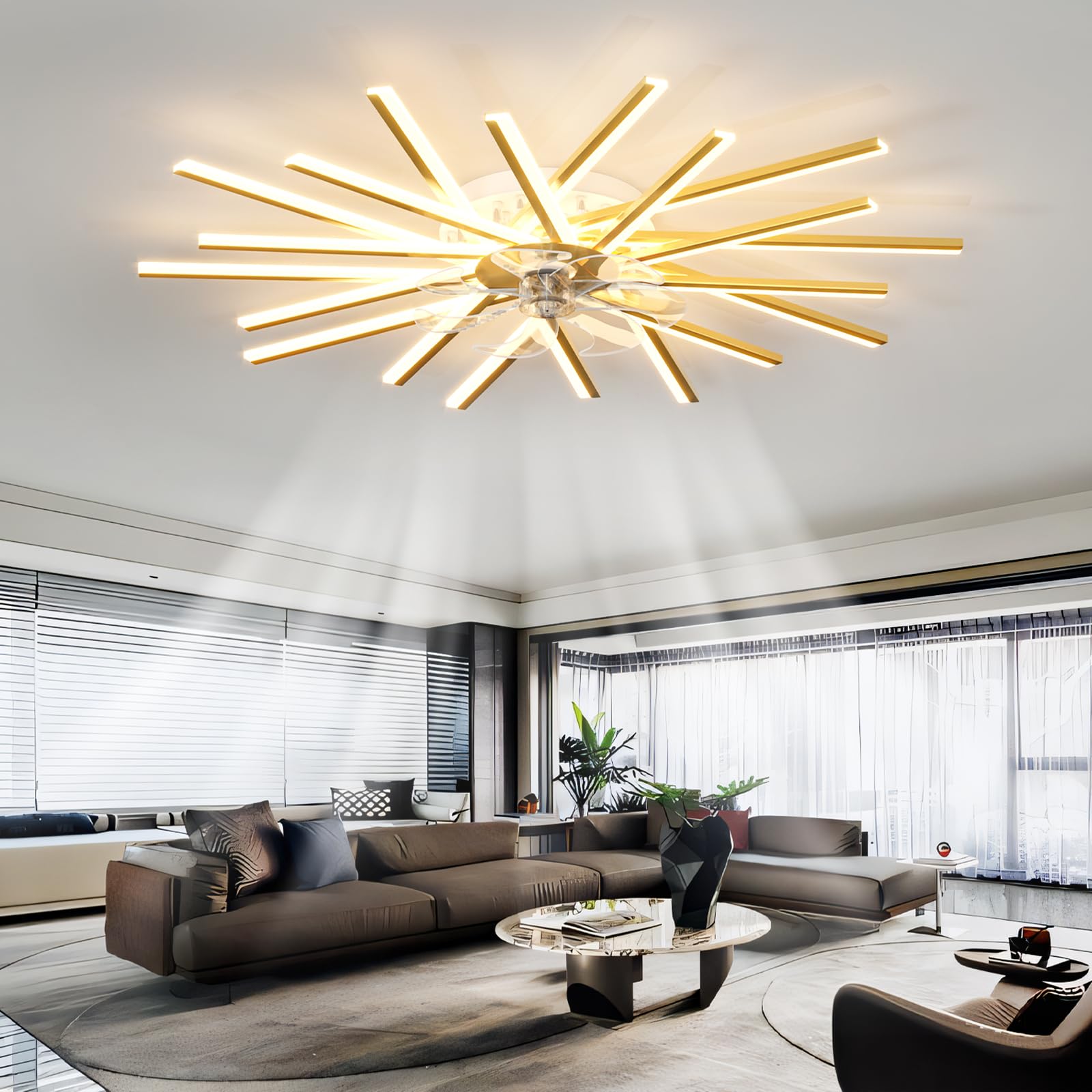 HELCEKOU Dimmable LED Chandelier Ceiling Fan with Lights 6 Speed Reversible Silent Remote APP Control Stylish Gold Design for Living Room Bedroom 100CM