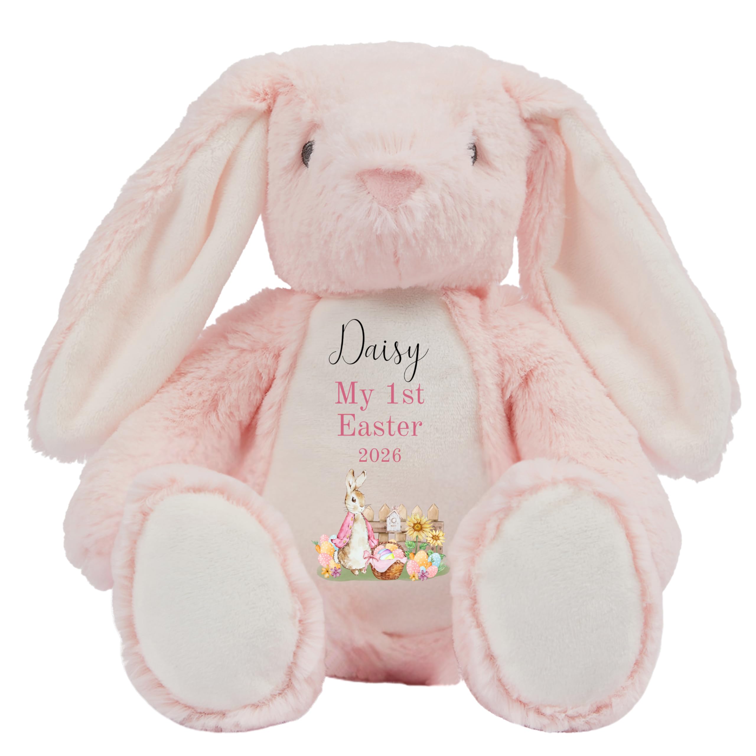 HotScamp Personalised Easter Bunny with Name - Rabbit My 1st Easter 2026 Pink - Soft Toy for Baby, Toddler, Child, Kids, Babies Spring Time - Pink Letter Pin Bunny
