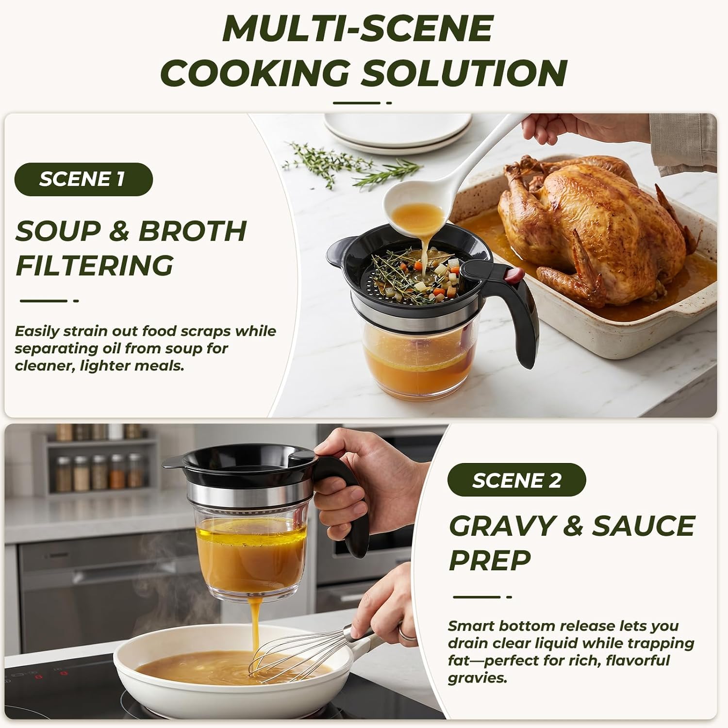 Fat Separator for Cooking, 4-Cup Fat Separator with Bottom Release