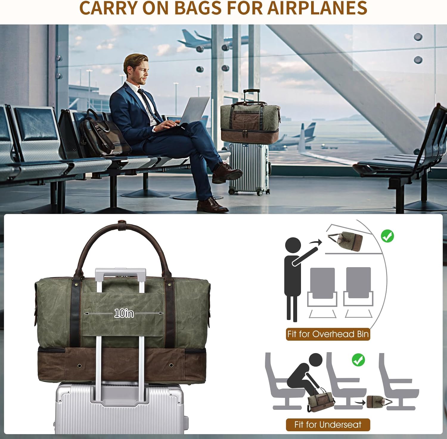Duffle Bag for Travel: Weekender Overnight Bag Waterproof Waxed Canvas Vintage Duffel Bag with Shoe Compartment & 2 Packing Cubes, Heavy Duty Camping Flight Bags for Mens (Army Green)