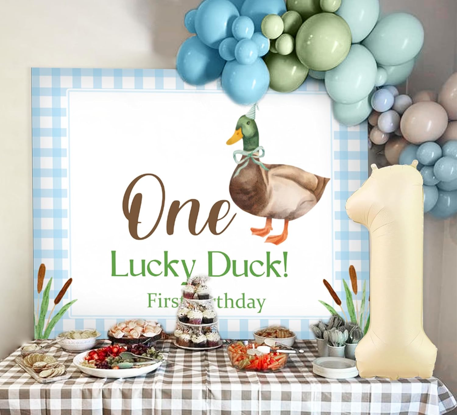 Mallard Duck 1st Birthday Party Decor Boy One Lucky Duck Baby Shower Decorations for Boys First Birthday Mallard Duck Hunting Backdrop Balloons Party Supplies Blue