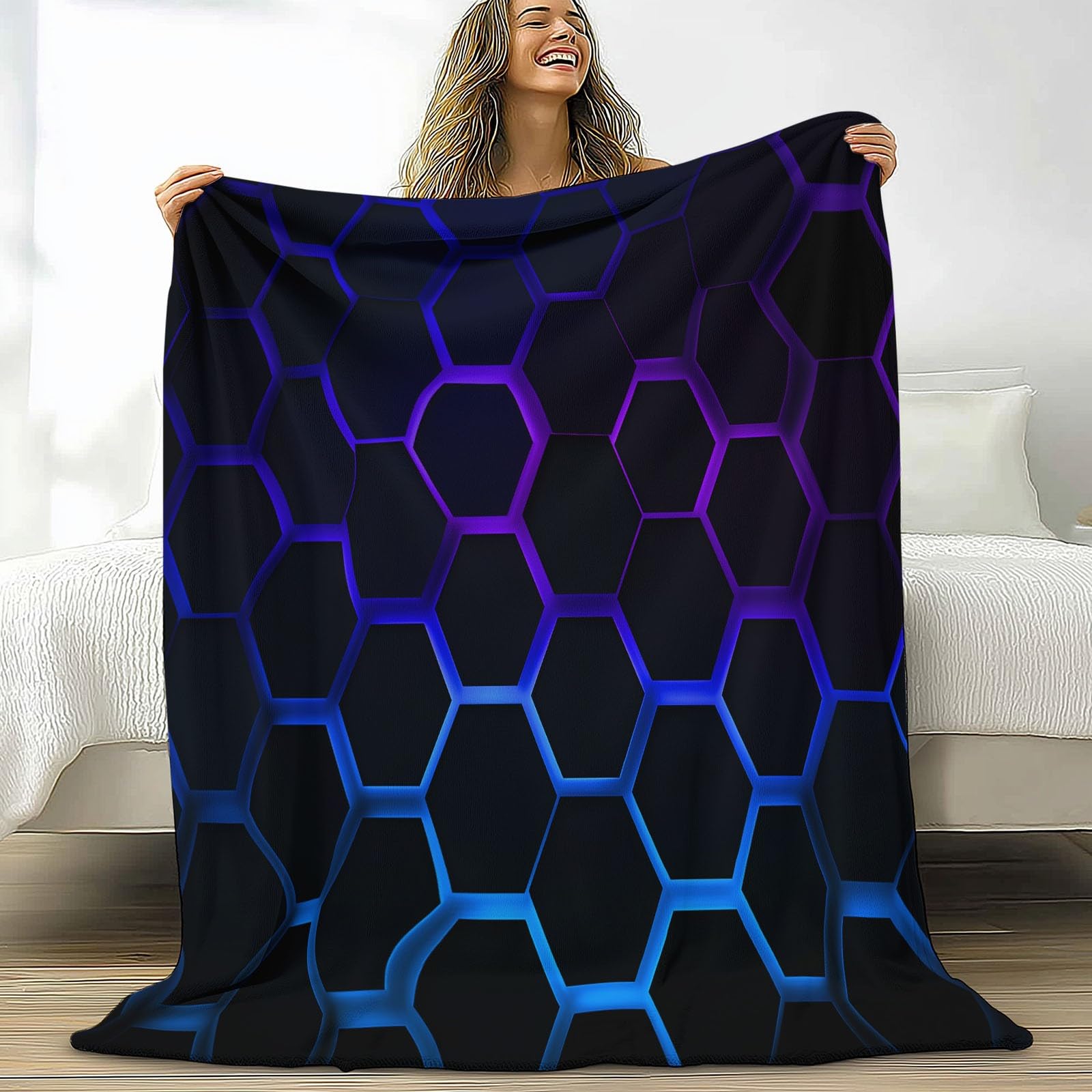 Plaid couverture polaire flanelle 180x220 cm noir motif géométrique hexagone pour lit 2 personnes