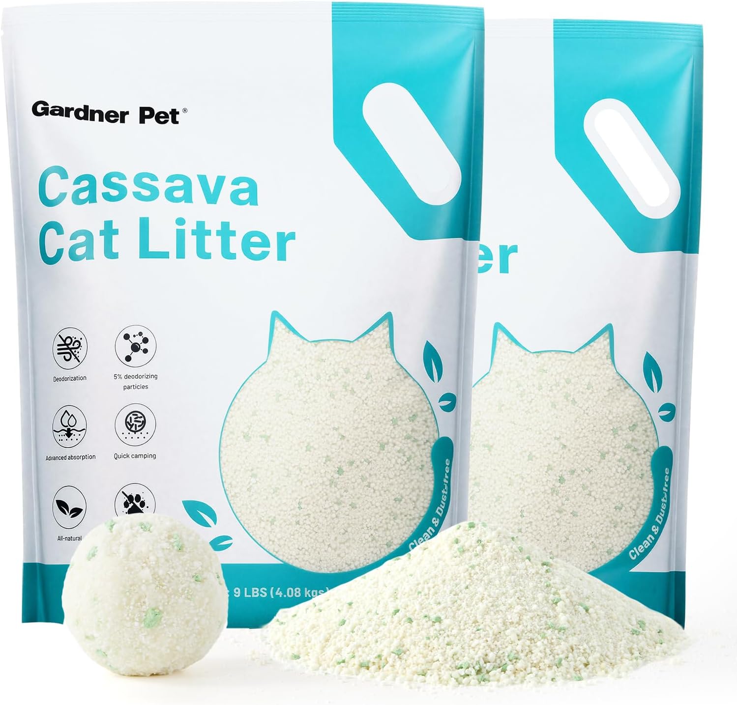 Gardner Pet Cassava Cat Litter, Tapioca Cat Litter, Odor Control | Low Dust | Natural Clumping Litter | Fast Absorption & Low Tracking Kitty Litter, Unscented with Deodorizing Pellets (9LBS*2)