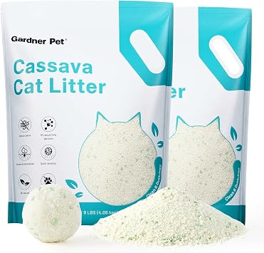 Gardner Pet Cassava Cat Litter, Tapioca Cat Litter, Odor Control | Low Dust | Natural Clumping Litter | Fast Absorption & Low Tracking Kitty Litter, Unscented with Deodorizing Pellets 9LBS*2