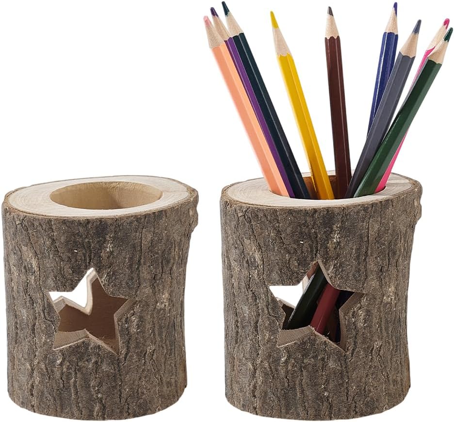 AHANDMAKER 2 pcs Wood Pencil Holder, Round Desktop Organizer Pencil Cup with Star Hollow, Wooden Log Pen Stand Desktop Stationary Organizer for Office Home Desk Brush Holder Pen Stand