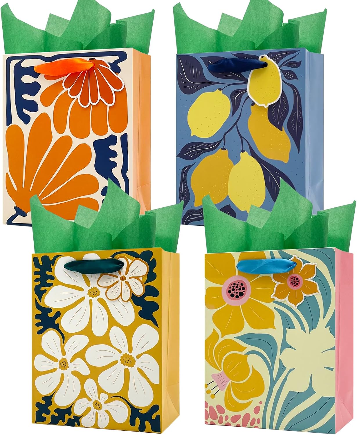 HiCivan Floral Paper Gift Bags with Tissue Paper Handles Medium Size for Wedding, Birthday, Appreciate, Gift Giving, All Occasions Flower Themed (4 Pack-7" X 4" X 9")