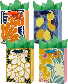 HiCivan Floral Paper Gift Bags with Tissue Paper Handles Medium Size for Wedding, Birthday, Appreciate, Gift Giving, All Occasions Flower Themed 4 Pack-7" X 4" X 9"