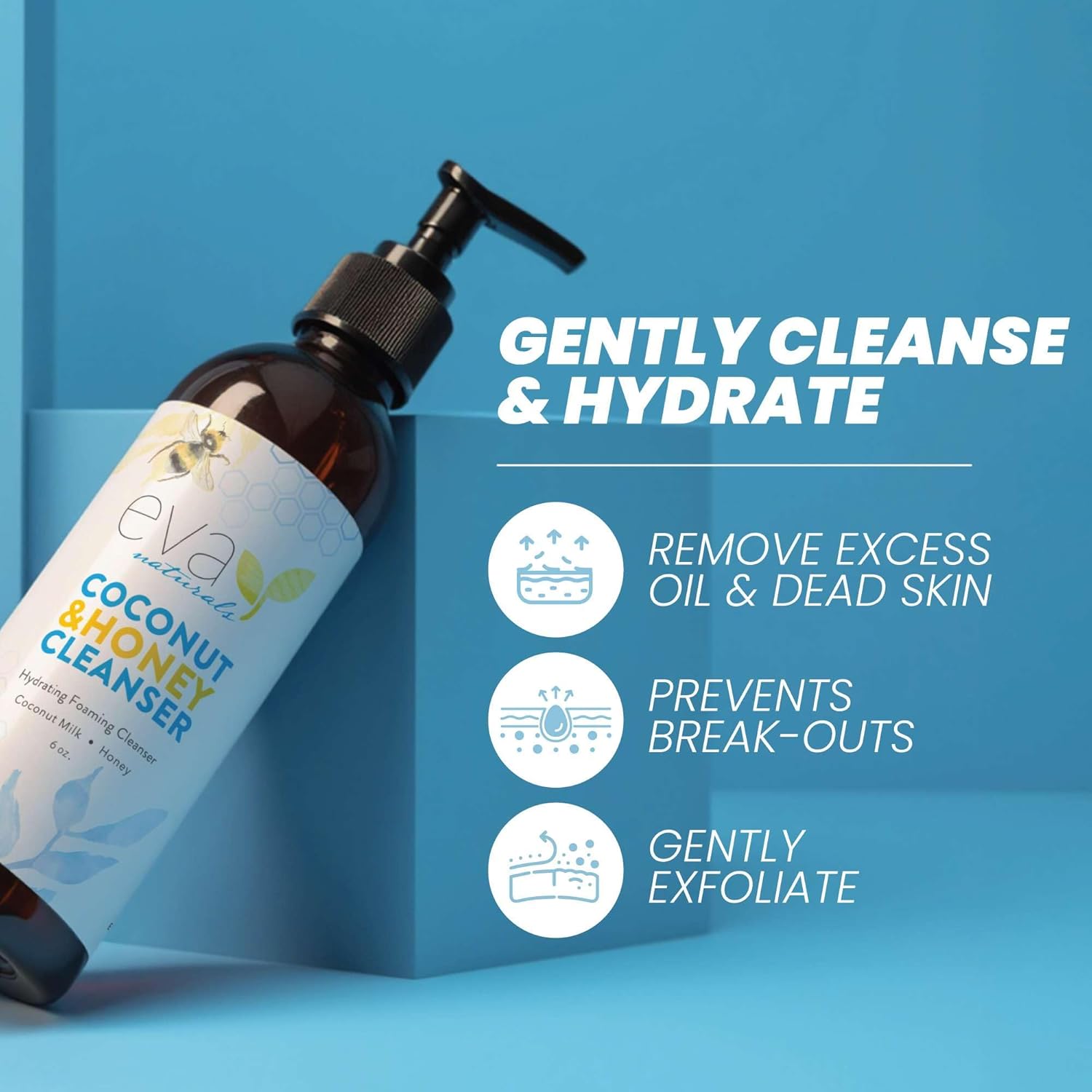 Eva Naturals Coconut & Honey Foaming Face Wash – Gentle Hydrating Facial Cleanser for Sensitive & Aging Skin – Removes Makeup, Dirt & Oil – Soothing Aloe & Royal Jelly – 6 Fl Oz - Image 2