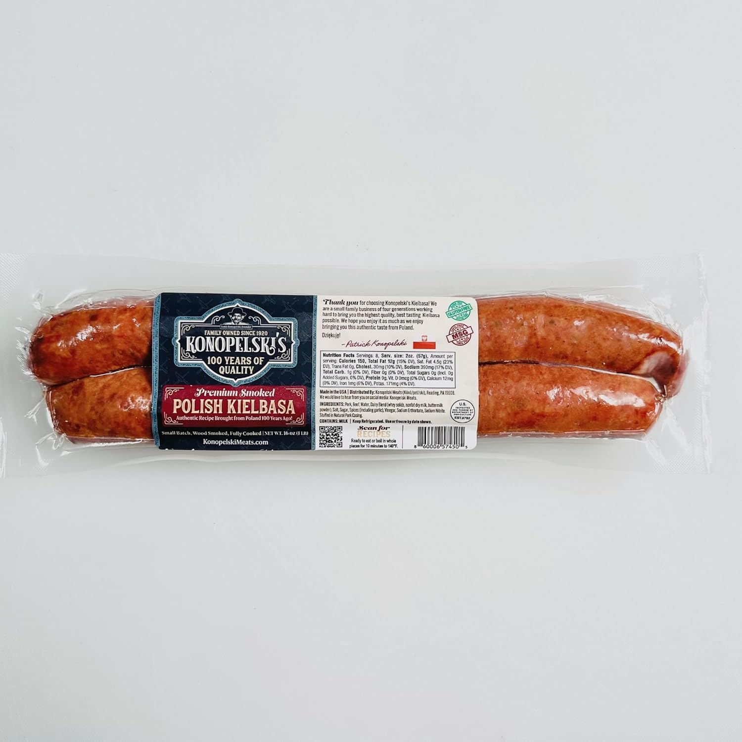 Konopelski Polish Kielbasa, Rope Style 4-1lb. Packs, Authentic Recipe from Poland, Featuring Natural Wood Fired Smoke from Family Owned 100-Year co.