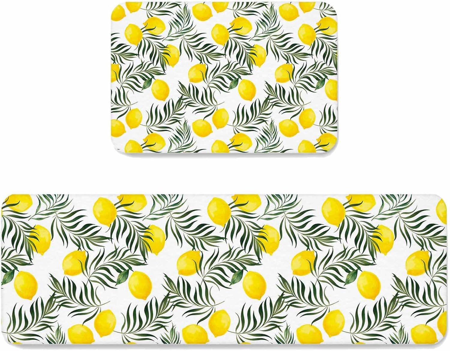 Prime Leader Lemon Leaf Kitchen Mat Set 2 Pieces Watercolor Lemon Palm Leaf Non Slip Kitchen Rugs Washable Runner Rug Mats for Sink Laundry (19.7" x 31.5"+19.7" x 63")