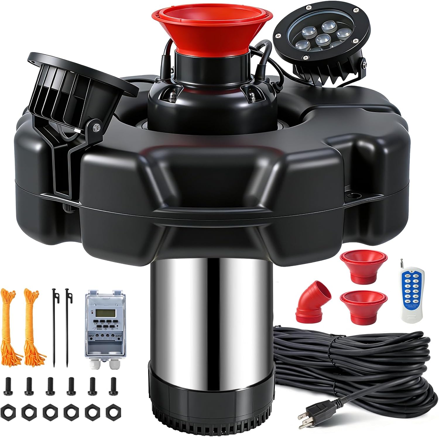 Pond Fountain Aerator with Lights, 1HP 110V 750W 15000 GPH Pond Fountain Pump, Floating Aerators for Outdoor Ponds, Lake, 100Ft Power Cord, 2 x 100Ft Traction Rope, Timer Switch Included