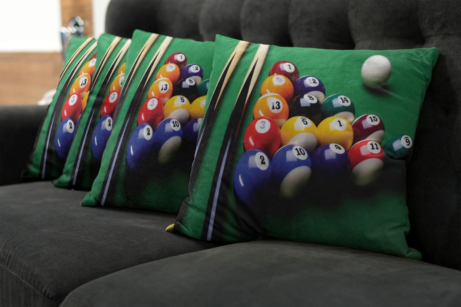 Lunarable Manly Throw Pillow Cushion Case Pack of 4, Billiard Pool Balls Arrangement Snooker Contest Beginning Entertainment Game Print, Modern Accent Double-Sided Digital Printing, 24", Red Green