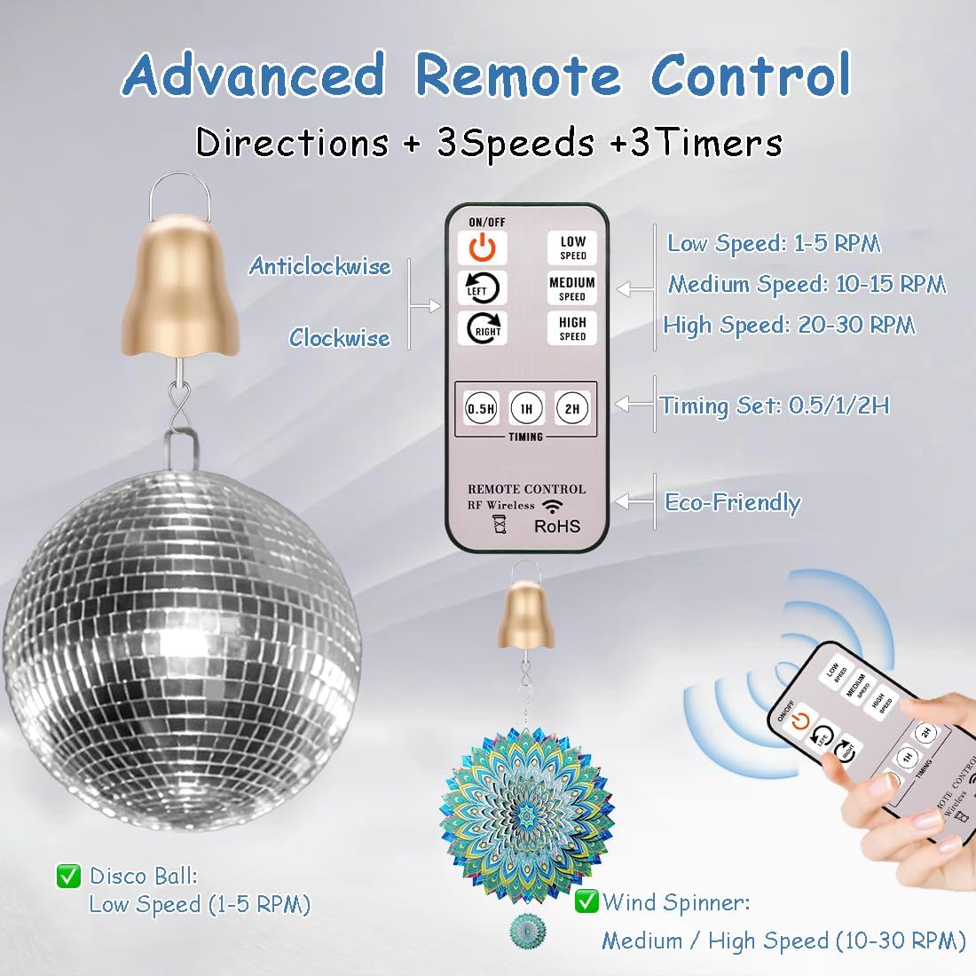 Disco Ball Motor with Remote, 1-30 RPM Cordless Wind Spinner Motor Battery Powered, Adjustable 3 Rotating Speed Spinning Accessory for Wind Chime, Sun Catcher, Mirror Ball Ornaments Hanging Display