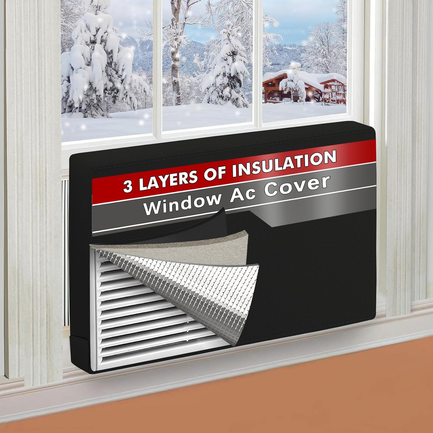 Air Conditioner Covers for Inside 21"W x 15"H x 3.5"D, Windproof and Waterproof 3 Layers Insulation Window Air Conditioner Cover with Aluminum Foil and 2mm Foam, Black Black 21''Wx 15''Hx 3.5''D