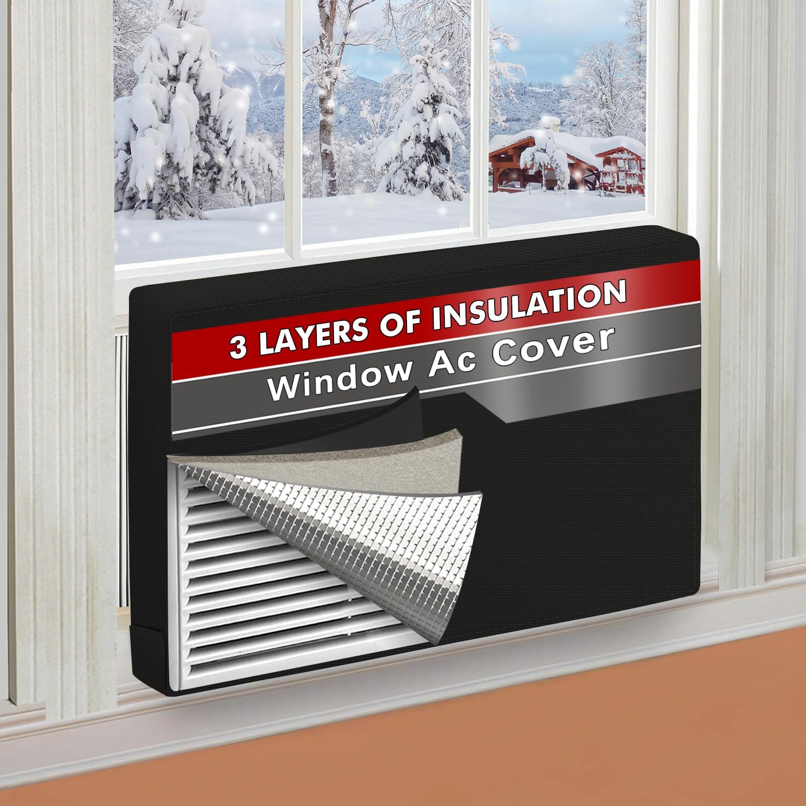 25"Lx17"Hx3.5" Indoor Air Conditioner Cover for Window Units, 3 Layers Insulation AC Cover for Inside Wall Unit with Aluminum Foil and 2mm Foam, Windproof Window Air Conditioner Cover Inside, BLack