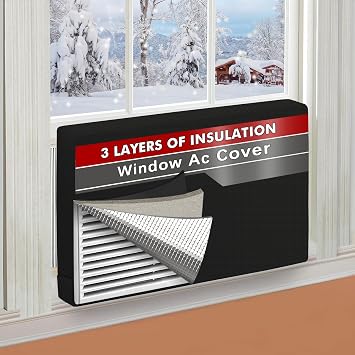 AC Covers for Inside 25"W x 17"H x 3.5"D, Windproof and Waterproof 3 Layers Insulation Air Conditioner Covers for Window Units with Aluminum Foil and 2mm Foam, Black