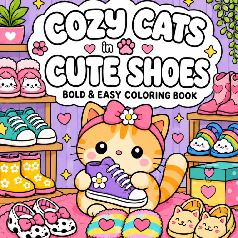 Cozy Cats in Cute Shoes Coloring Book: Bold & Easy Coloring Pages for Relaxation | Cute Kawaii Cats, Cozy Scenes, and Adorable Shoes