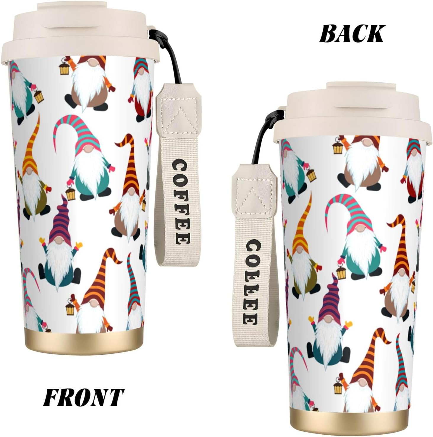 Xmas Funny Gnomes Print Leakproof Insulated Coffee Mug,Stainless Steel Dual Drink Travel Tumbler,17 OZ