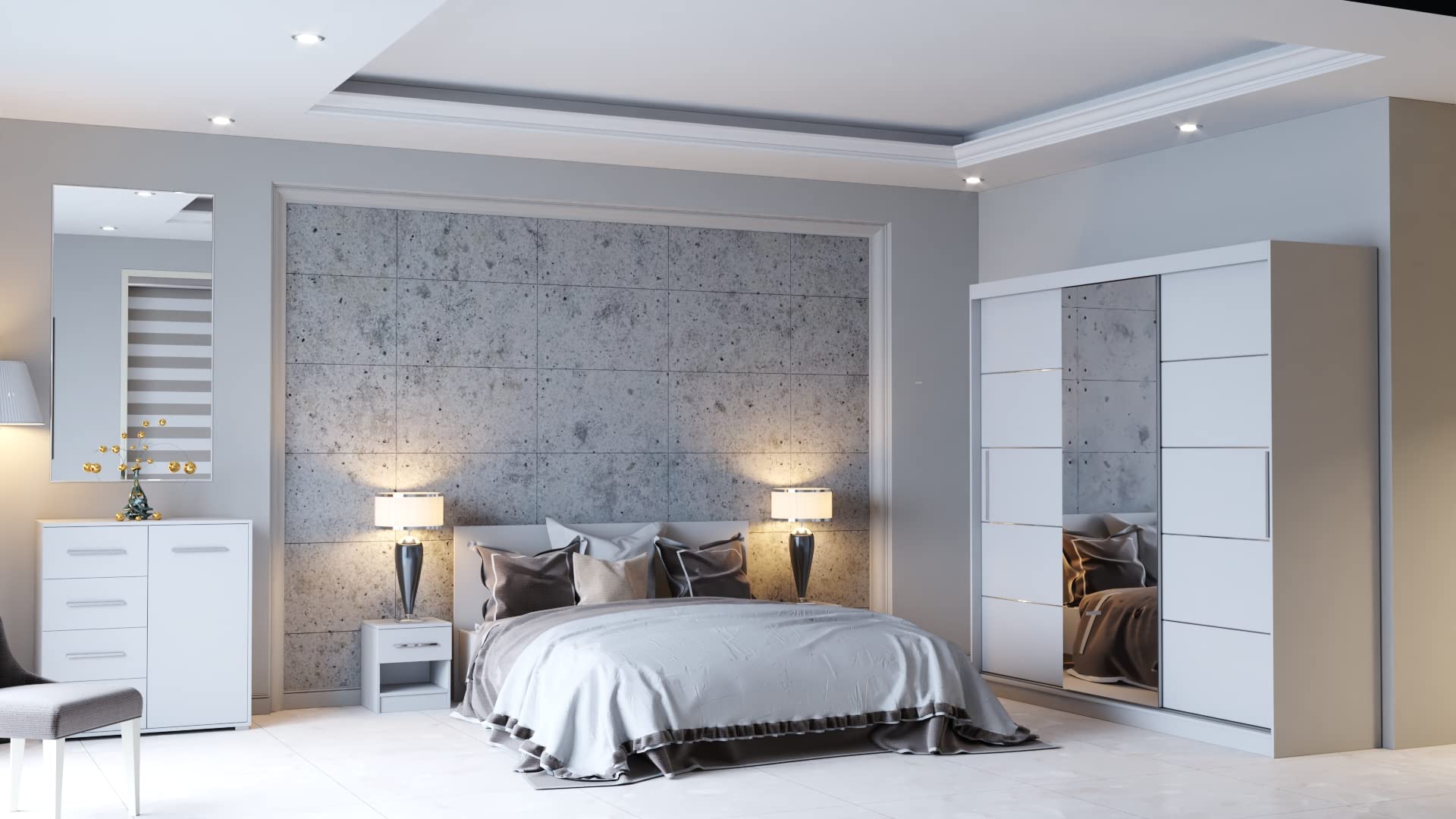 Fabryka Mebli Idźczak Schlafzimmer-Set Komplett - Astral Bettgestell - Kleiderschrank mit Spiegel, Nachttisch, Kommode- Innovativ, Stilvoll, Modern