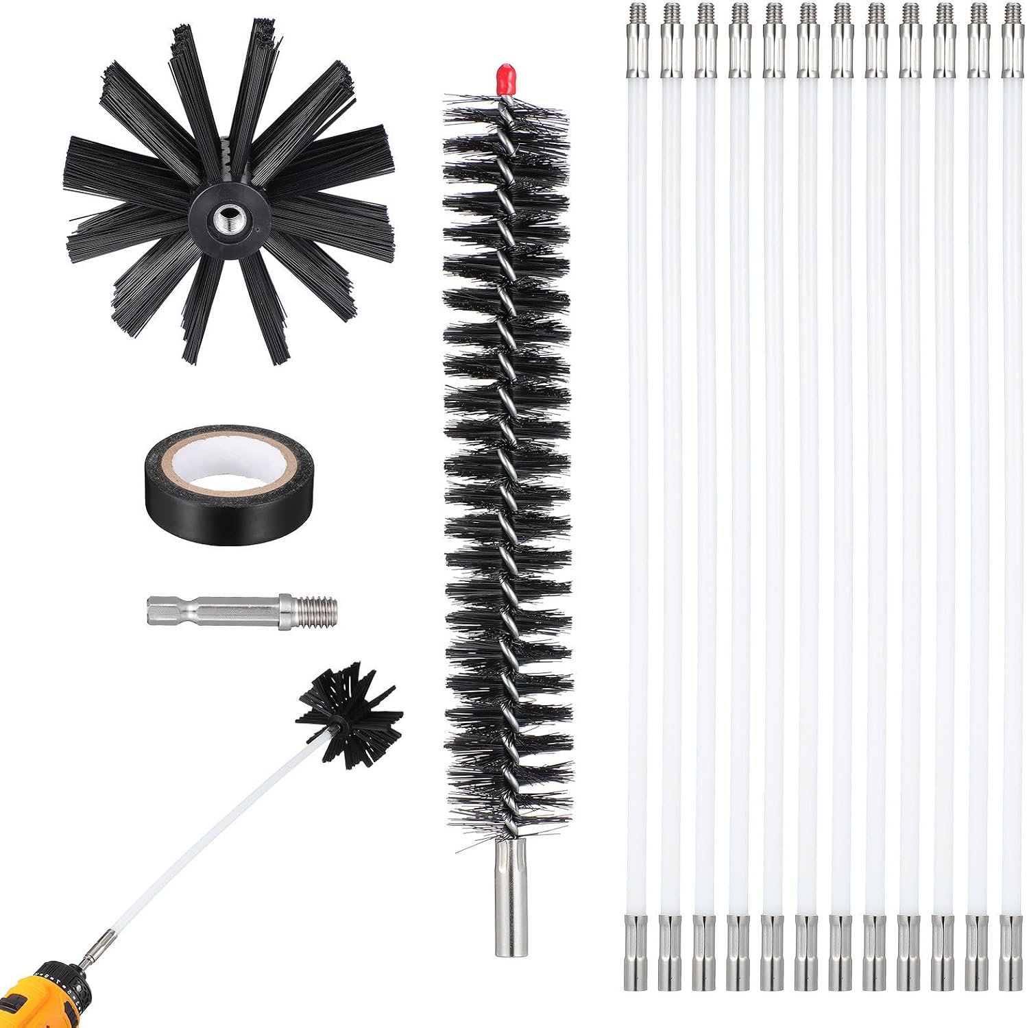 ORFOFE 15ft Chimney Cleaning Tools Set with 4-inch Brush Head for Dryer Vents and Fireplaces, Flexible Stainless Steel Rods and Nylon Bristles for Chimney Maintenance and Hard-to-Reach