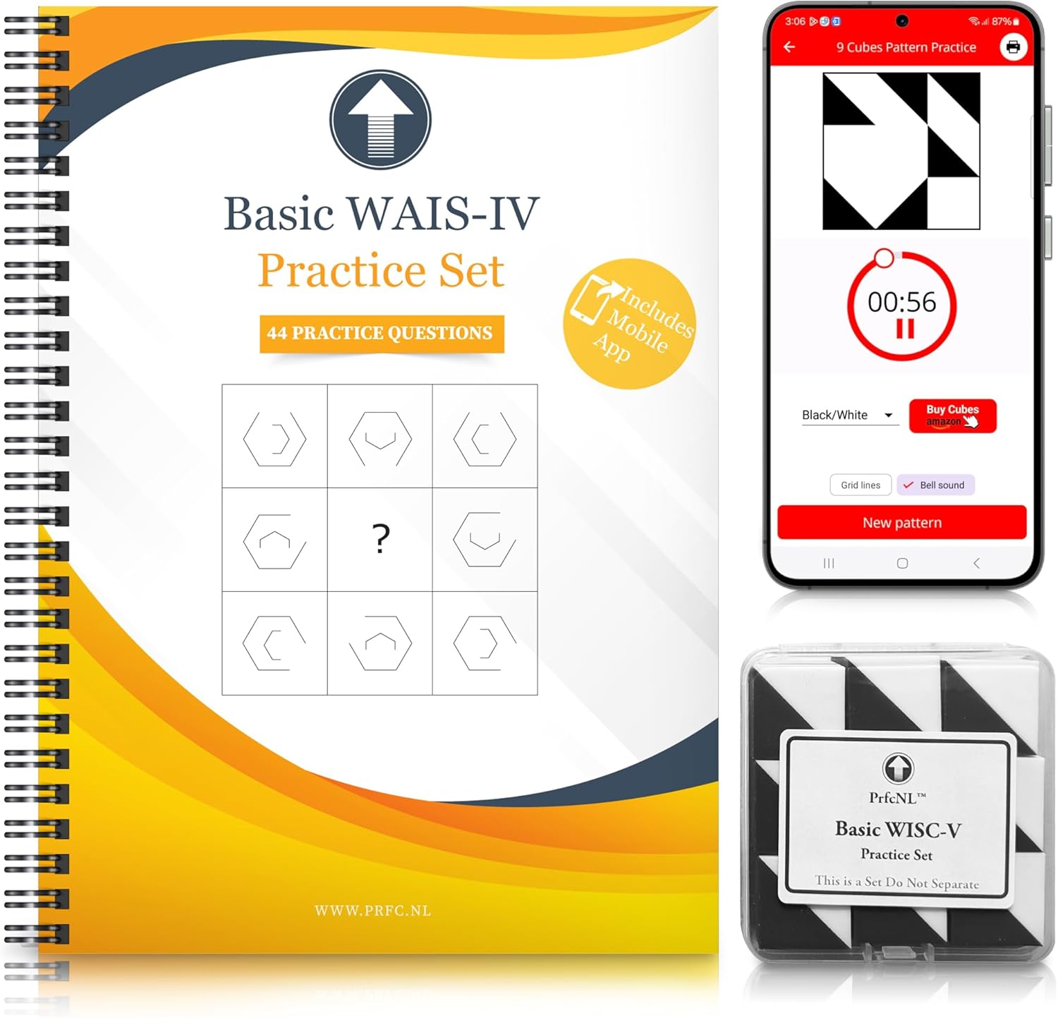 PrfcNL Basic WAIS-IV Practice Set - 44 Practice Questions, with 9 Black and White Blocks and Mobile App, Suitable for IQ Test Preparation, BDT Training, Educational STEM Learning Material