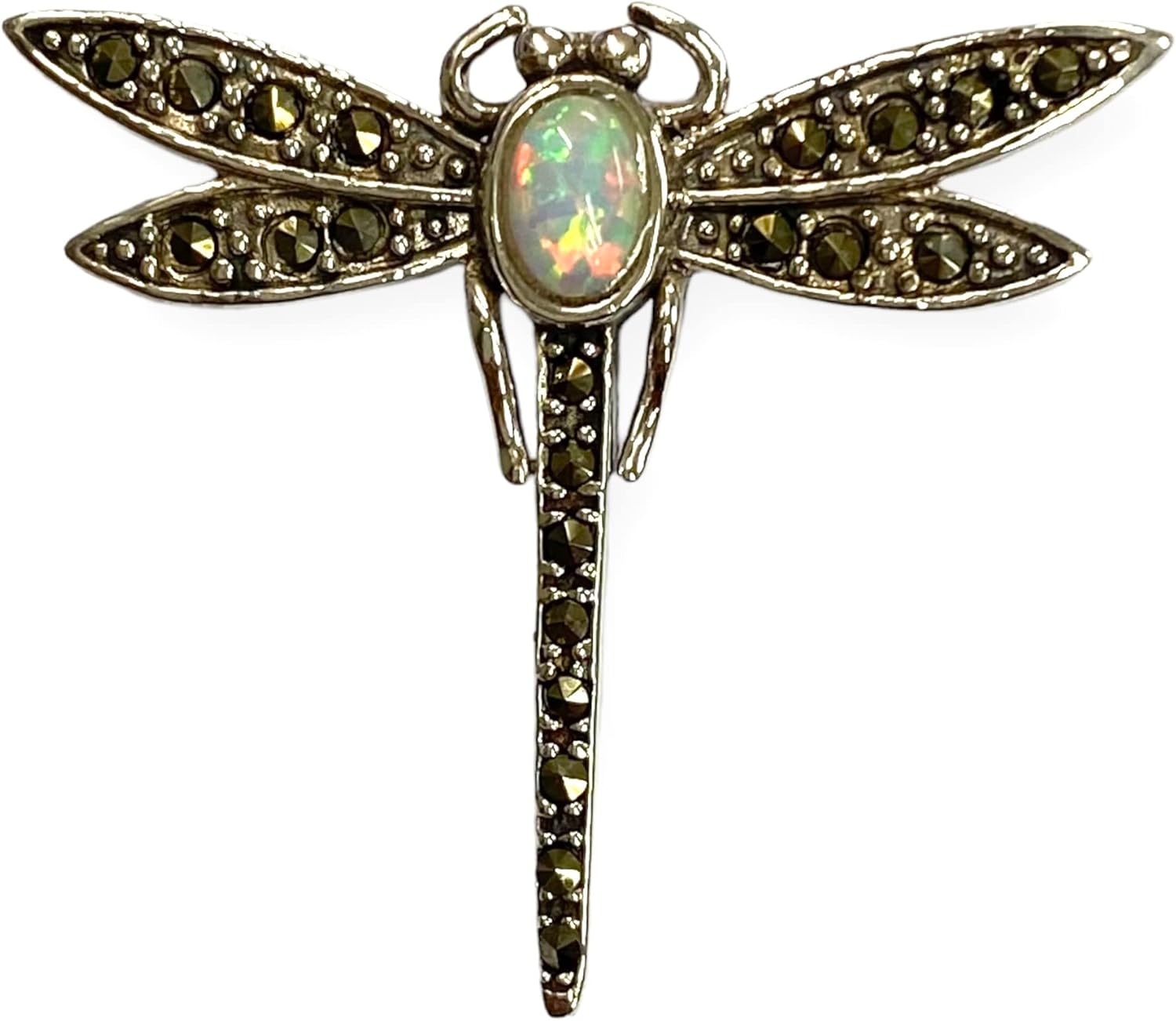 Victorian Style Dragonfly Pin Brooch with Gilson Opal and Marcasite Stone 925 Sterling Silver