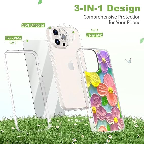 iPhone 14 Pro Max用ケース、カラフルな花 iPhone 14 Pro Max用電話ケース、かわいい、スクリーンプロテクター&カメラレンズプロテクター付き緑の葉と花