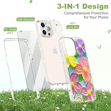 iPhone 14 Pro Max用ケース、カラフルな花 iPhone 14 Pro Max用電話ケース、かわいい、スクリーンプロテクター&カメラレンズプロテクター付き緑の葉と花