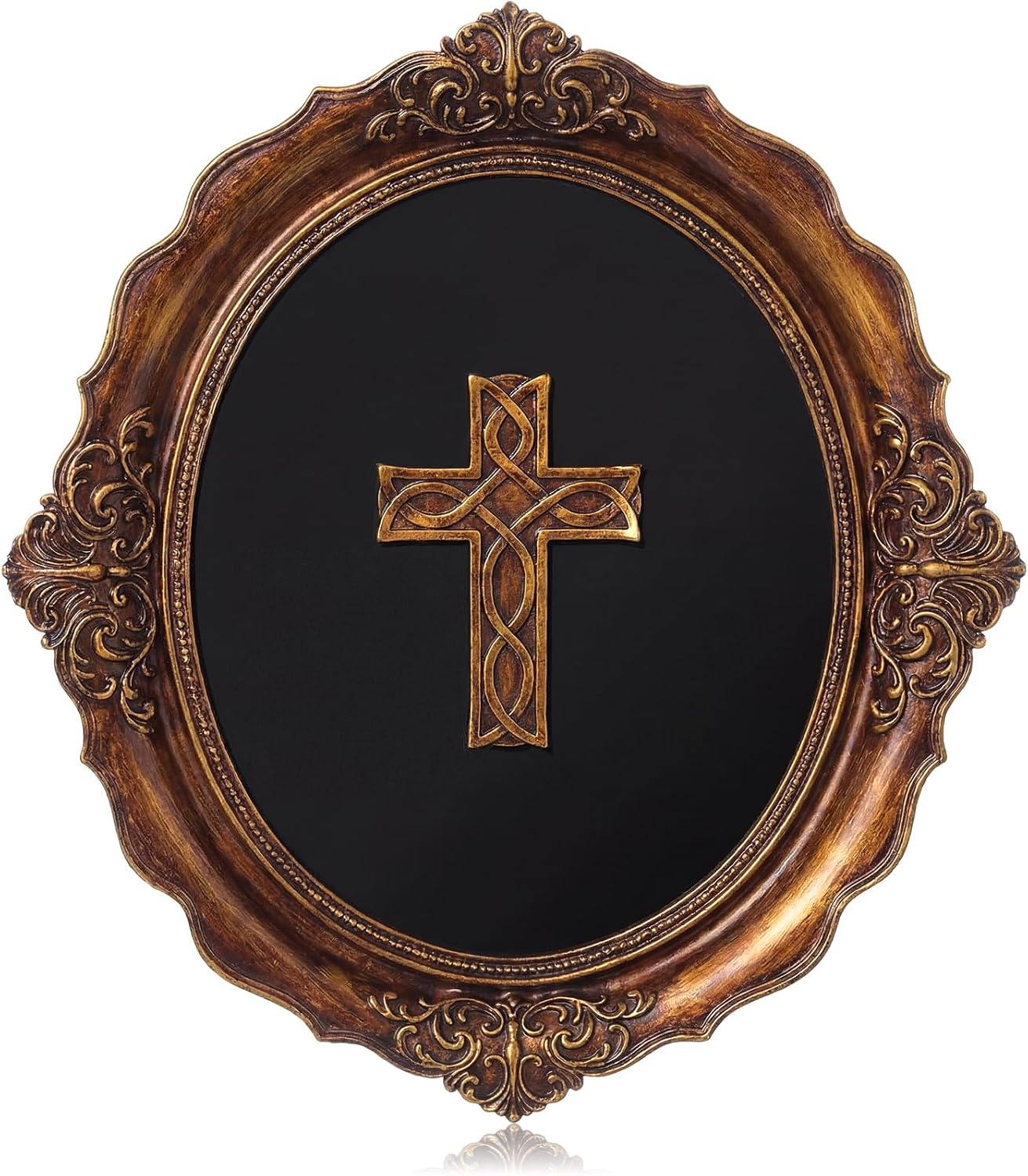 Thyle Vintage Cross Wall Decor Gold Catholic Sculpture Antique Pediment Hallway Wall Art Hand Painted Rustic Cross Oval Aesthetic Room Decor for First Communion Church Home Farmhouse Bedroom