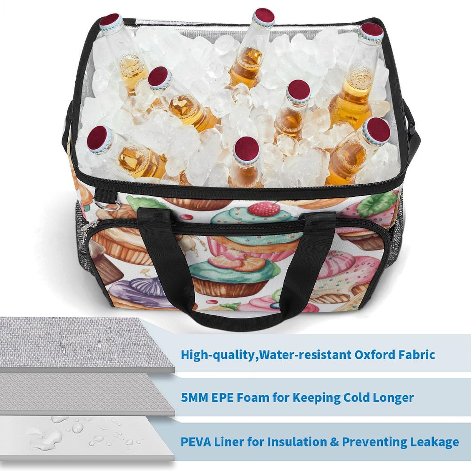 Borsa termica da campeggio, cupcake, ciambelle, muffin, stampa di zucchero, borsa da picnic da viaggio, grande capacità, borsa termica portatile, borsa frigo multiuso, stile