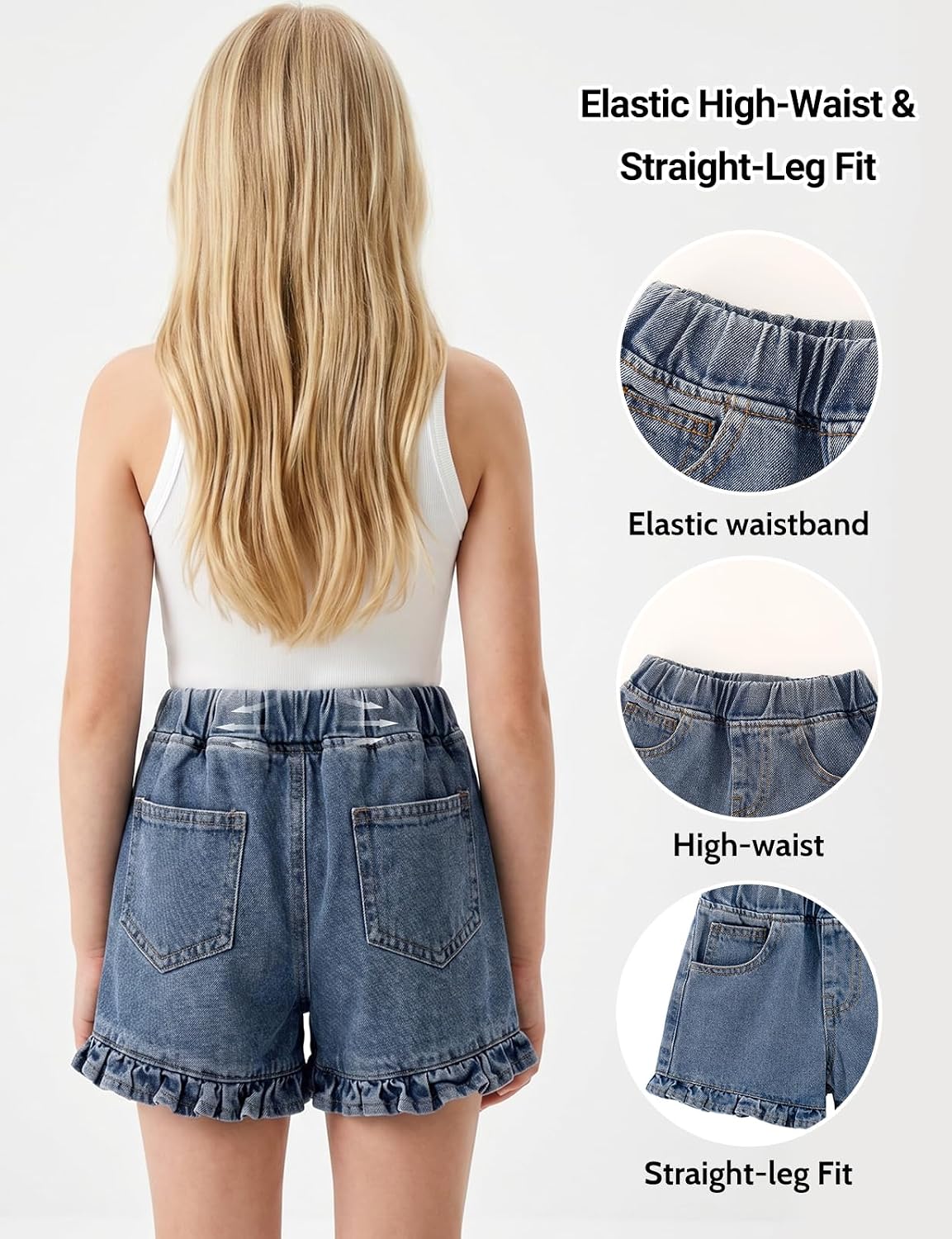 Spring&Gege Girls Ruffle Denim Shorts Elastic High Waisted Summer Cotton Short Jeans with Pockets 5-14 Years