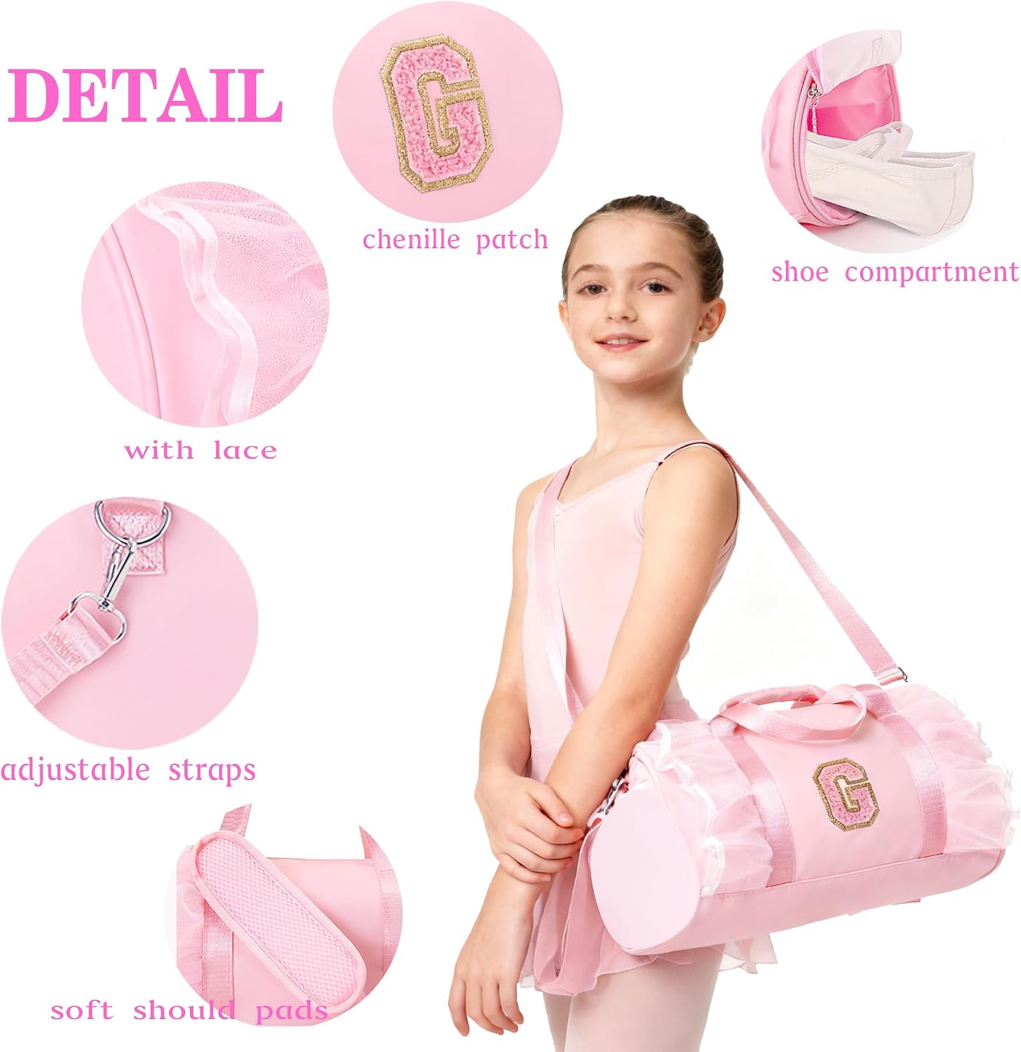 Personalized Dance Bag for Girl | Small Initial Gym Sport Yoga Cheer Duffle Bags Gift for Teen Girls | Chenille Letter Kids Ballet Bag Preppy Stuff Toddler Girl Birthday Gift (Pink S, SMALL)