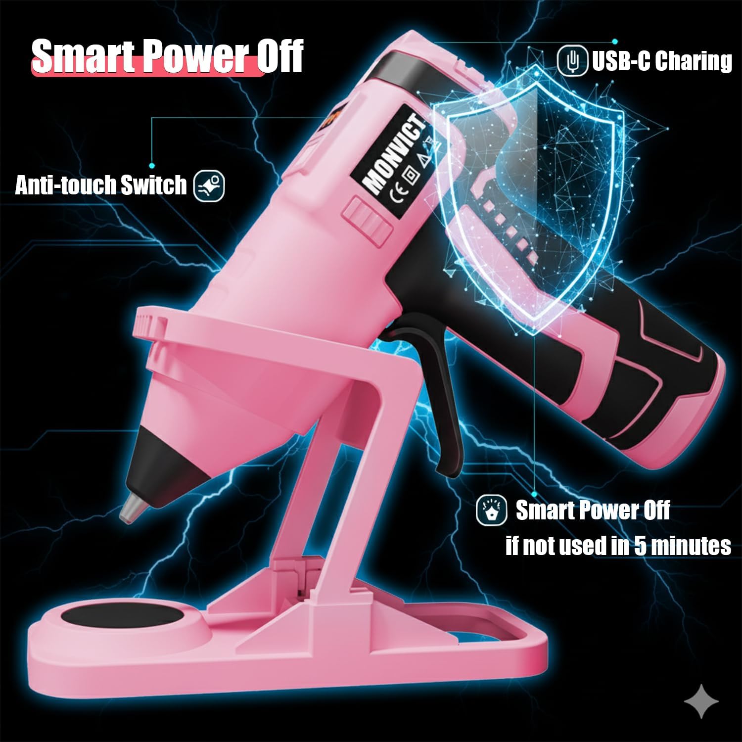 MONVICT 7.4V Cordless Hot Glue Gun with Holder Base, Digital Display Adjustable Temp, Smart Auto-Off, Silicone Pad, 2.6A Rechargeable Battery, Full Size Handheld Electric Power with 10 Glue Sticks