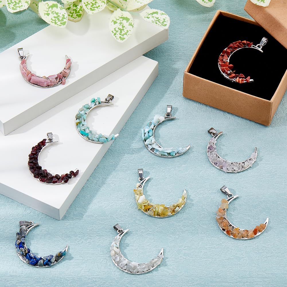 SUPERFINDINGS 20Pcs 10 Styles Gemstone Moon Charms Alloy Moon Charm Natural Stone Chip Pendant Alloy Stone Beads Pendants Chakra Crystal Stone Pendants for Jewelry Making - Image 4