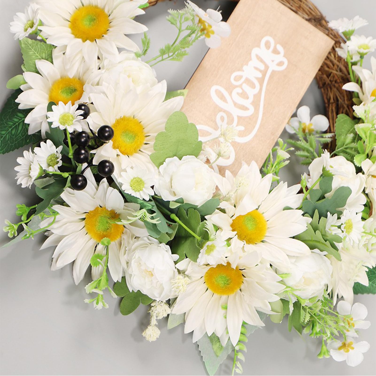 Ghirlanda di Girasoli Artificiali, Ghirlande Estive per la Decorazione della Porta D'ingresso, 15,7 Pollici Ghirlande Primaverili Estive di Girasole Bianco con Cartello di Benvenuto per la Parete Dell
