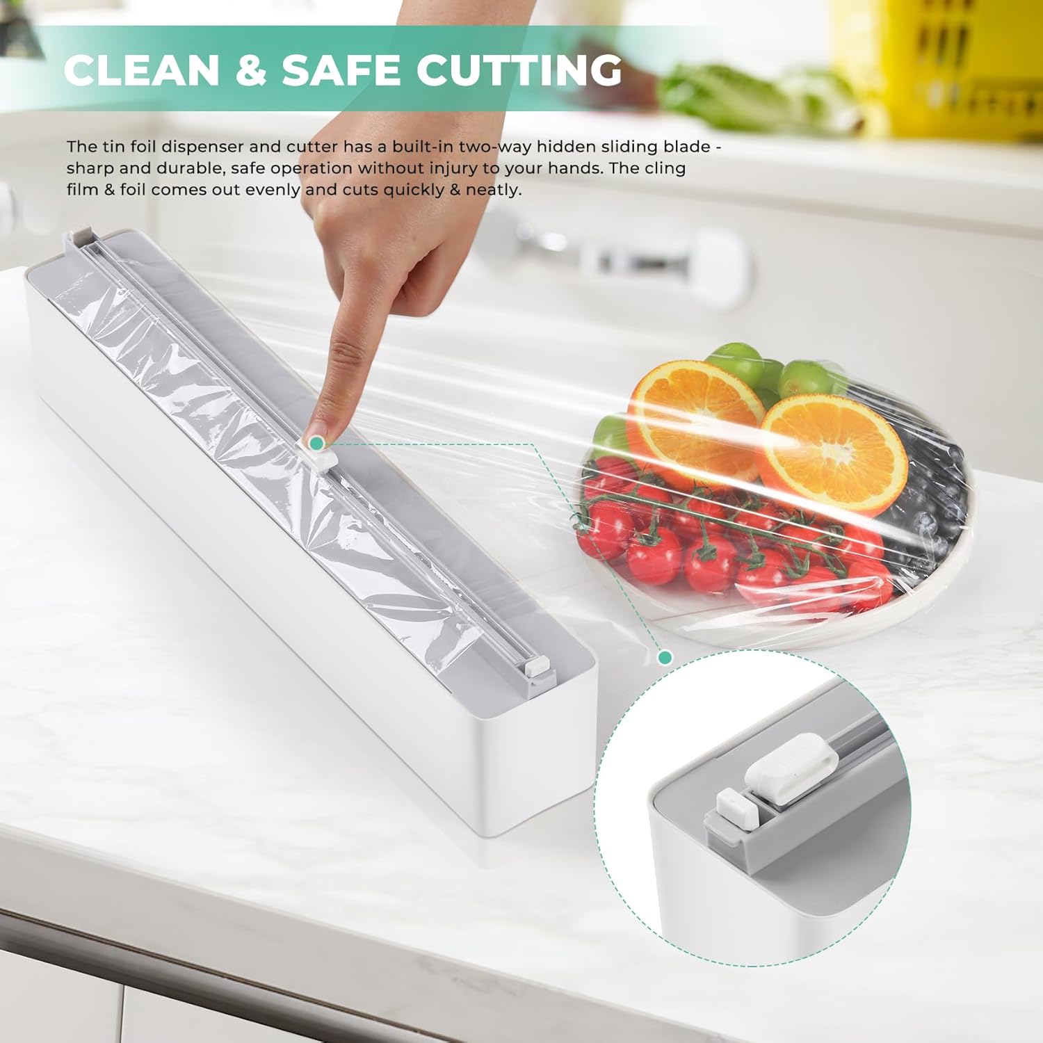 Magnetic Plastic Wrap Dispenser with Cutter - Quasziwa Upgrade Practical Refillable Cling Wrap Aluminum Tin Foil Organizer for Drawer, Include an Extra Roll of 12"X 164' Food Cling Film - Grey 14.17*2.6*2.44 IN Gray