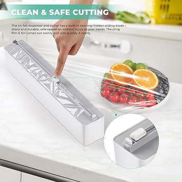 Magnetic Plastic Wrap Dispenser with Cutter - Quasziwa Upgrade Practical Refillable Cling Wrap Aluminum Tin Foil Organizer for Drawer, Include an Extra Roll of 12X 164' Food Cling Film - Grey