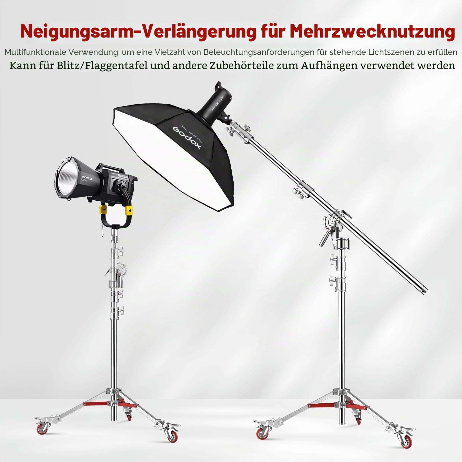 Soonpho Pro 100% Edelstahl Lichtstativ C Stand mit Rollen und Galgen,Metal Heavy C-Stand Schwerlast max. Höhe 450 cm (14,76 Fuß) Gefaltete Höhe 157 cm (15,1 Fuß) für Reflektoren,Monolichter
