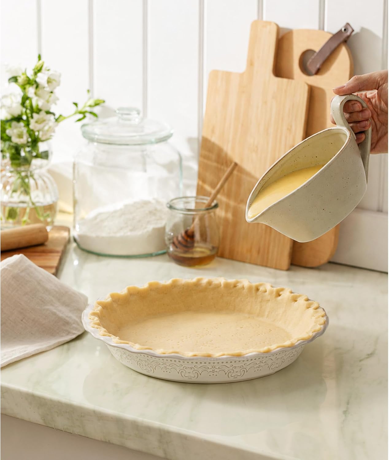 Ceramic Pie Pans Set of 2, 9 Inches Pie Plate for Baking, Oven & Dishwasher Safe, Nonstick Pie Pan for Apple Pie, Farmhouse Quiche Baking Dish, Off-White