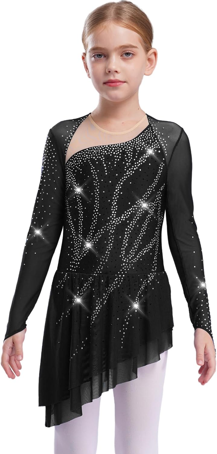 Kids Girls Asymmetrical Figure Skating Dress Long Sleeve Shiny Rhythmic Gymnastics Leotard Dance Dress