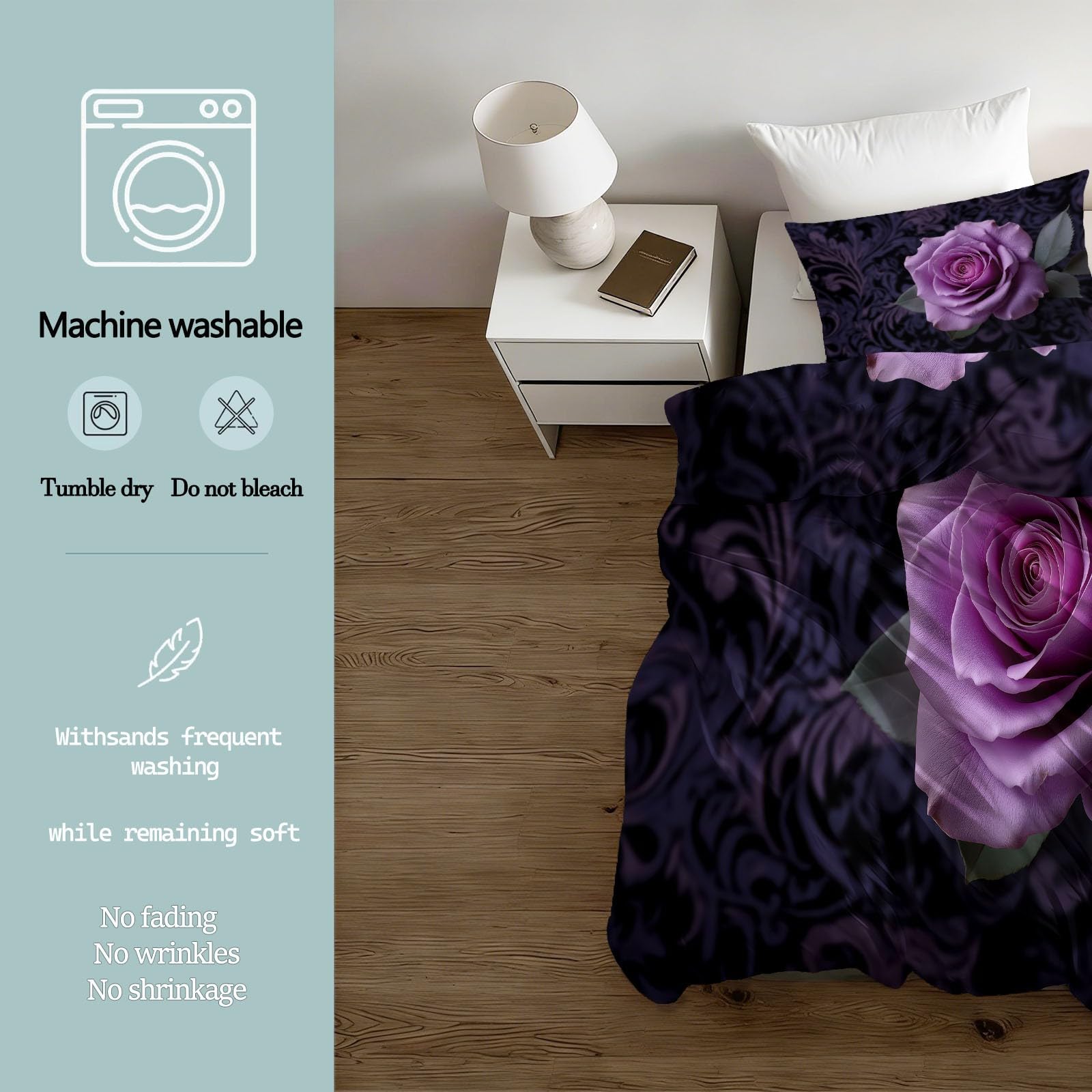 Liliowa ekskluzywna poszewka na kołdrę z wzorem Romance Purple Rose 200 x 200 cm z 2 poszewkami na poduszkę 80 x 80 cm, do sypialni rodziców