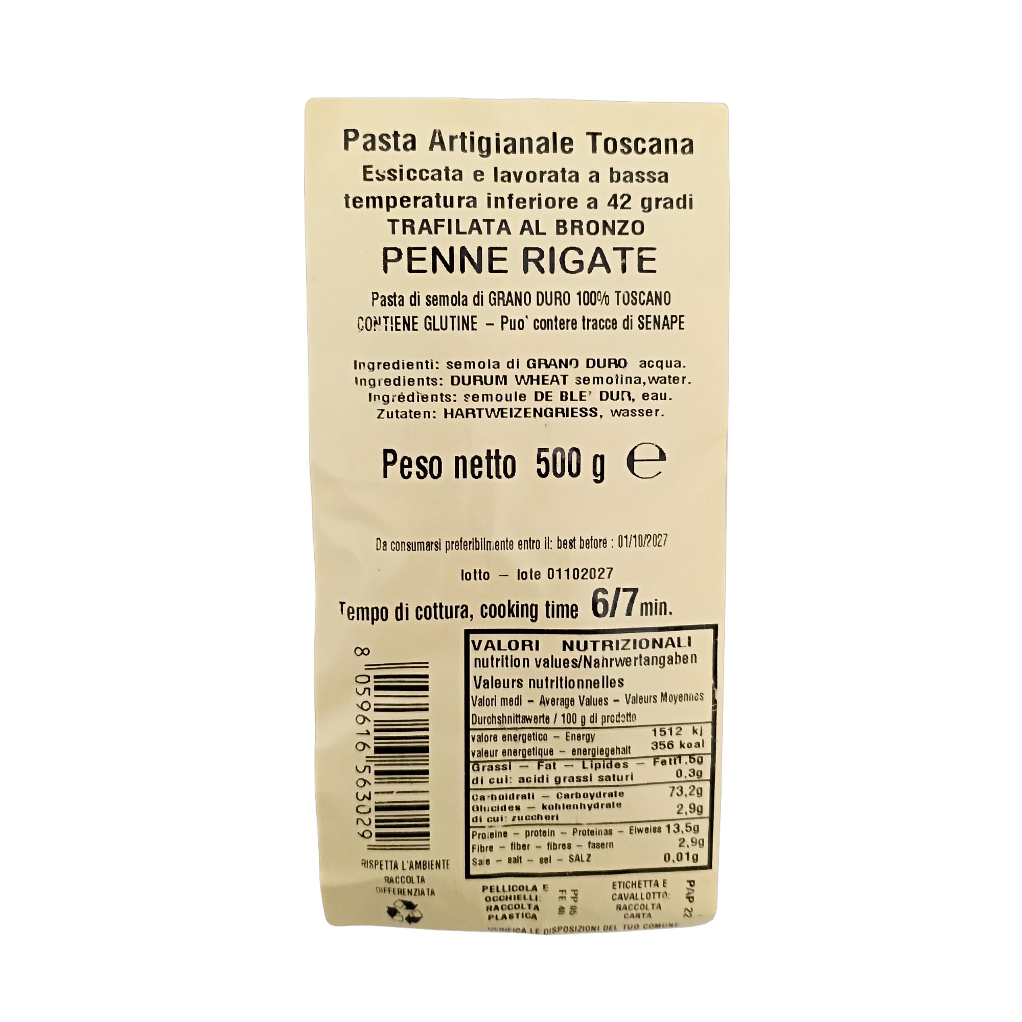 Pag Penne rigate - Pasta artigianale toscana Trafilata al bronzo 100% Grano italiano - 12 confezioni da 500 g