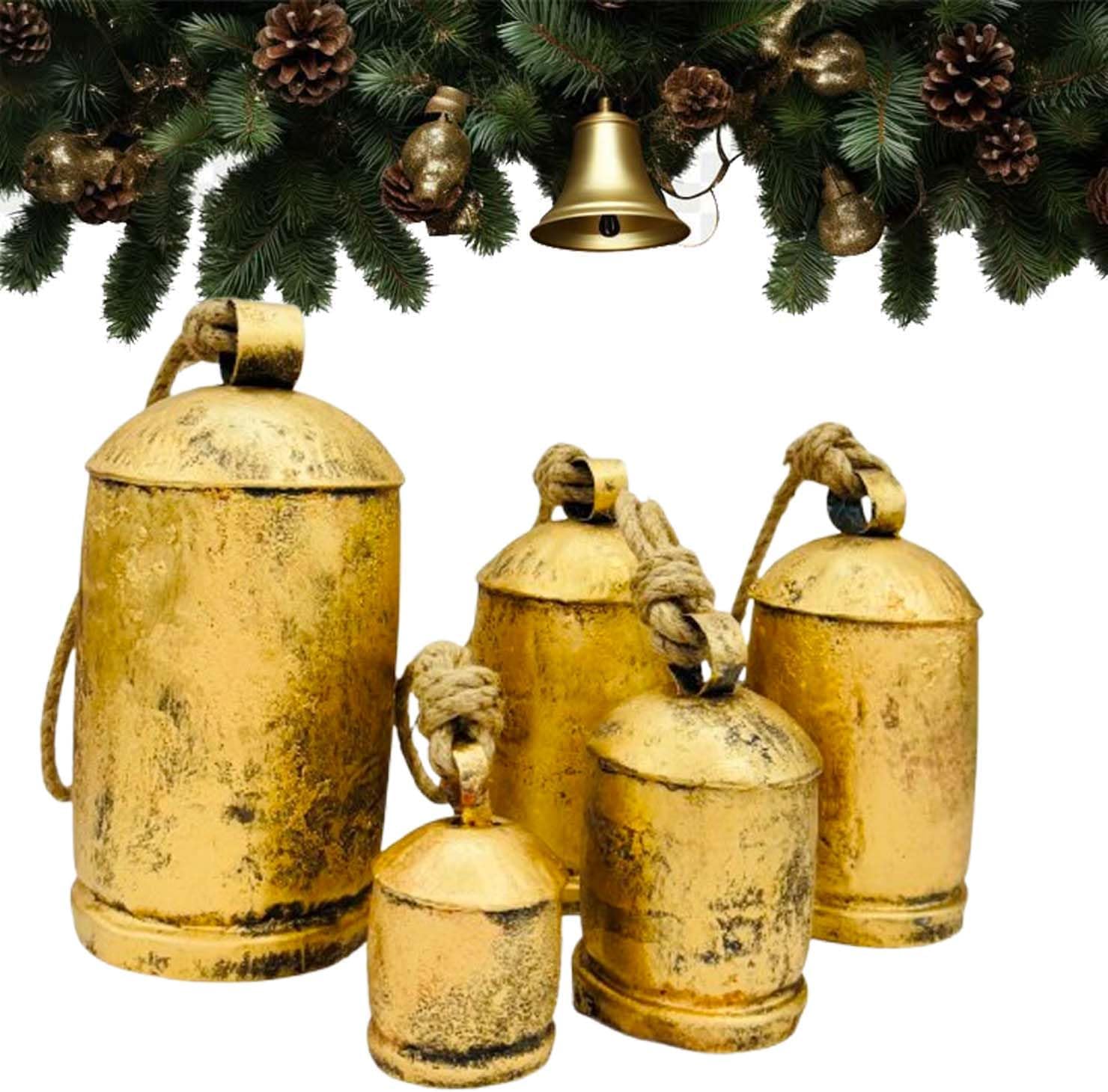 Rustic Hanging Cow Bells Set – Large Metal Bell Ornaments (2, 4, 6, 8, 10 Inches) for Christmas Decorations, Vintage Decor, Handmade Jingle Bells, Farmhouse Cowbell, Witches & Tibetan Bells