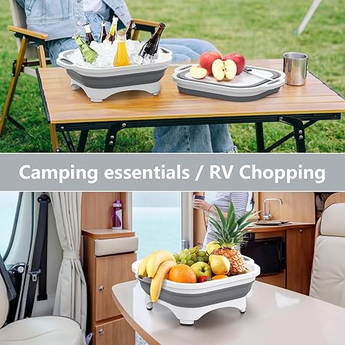 Vista 9 de HI NINGER Tabla de cortar plegable, tabla de cortar para acampar con cuchillo, cesta multifuncional para lavar verduras de cocina, tina de silicona