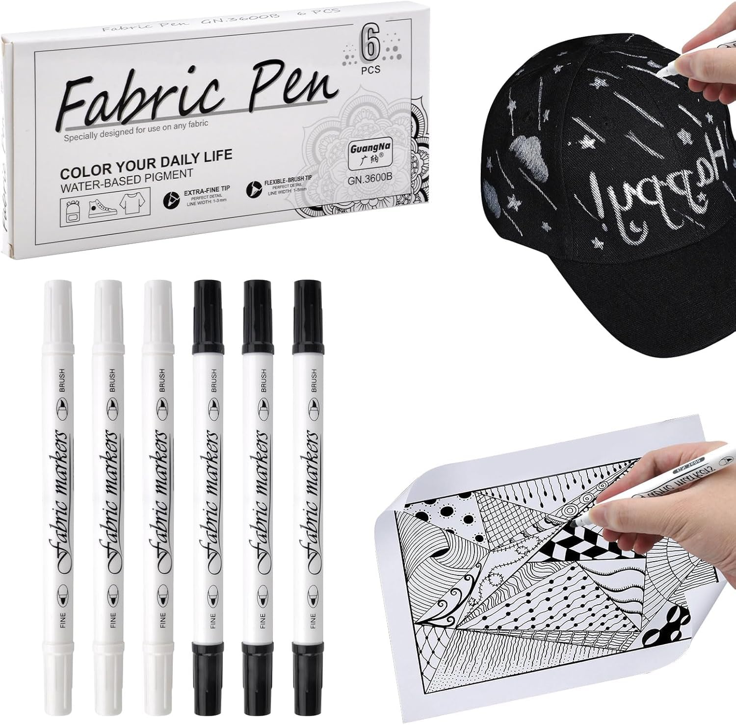 DAKLUNAR Juego de 6 Rotulador Textil Permanente Blanco y negro, 1-5mm Rotuladores Doble Punta No Tóxicos y Lavable Marcadores para DIY Pintura Tela Ropa Zapatos Sombrero Bolsa de Lona Camisetas