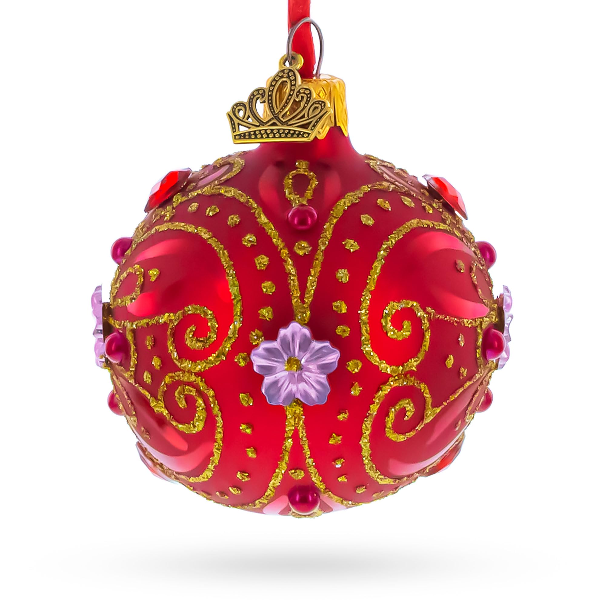 Bola de cristal roja y dorada con detalles de pergaminos y gemas de 6 cm